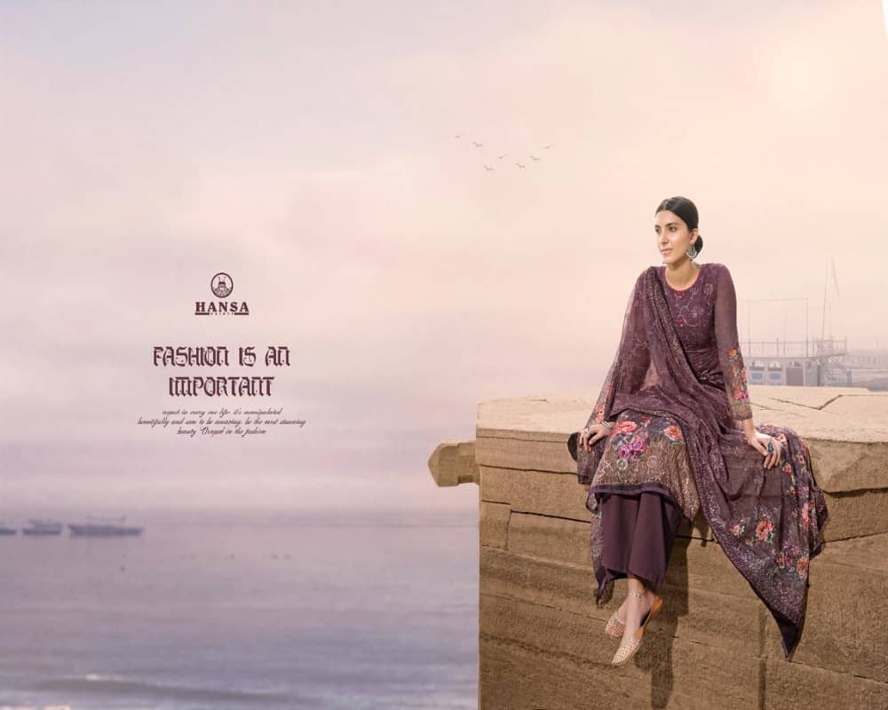 Hansa Shanvi Georgette Digital Print With Work 3001-3006 Series Dress Materials Wholesale Catalog