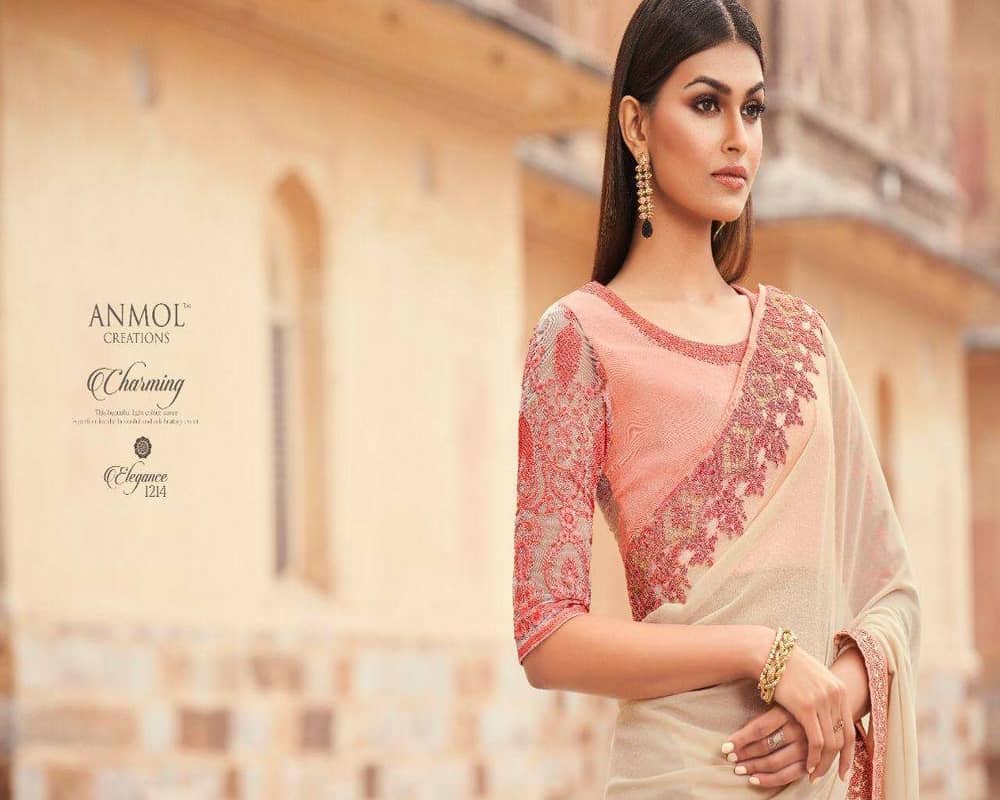 Anmol Creation Elegance Vol 12 Silk Georgette Designer Saree With Embroidery Blouse Wholesale Catalog