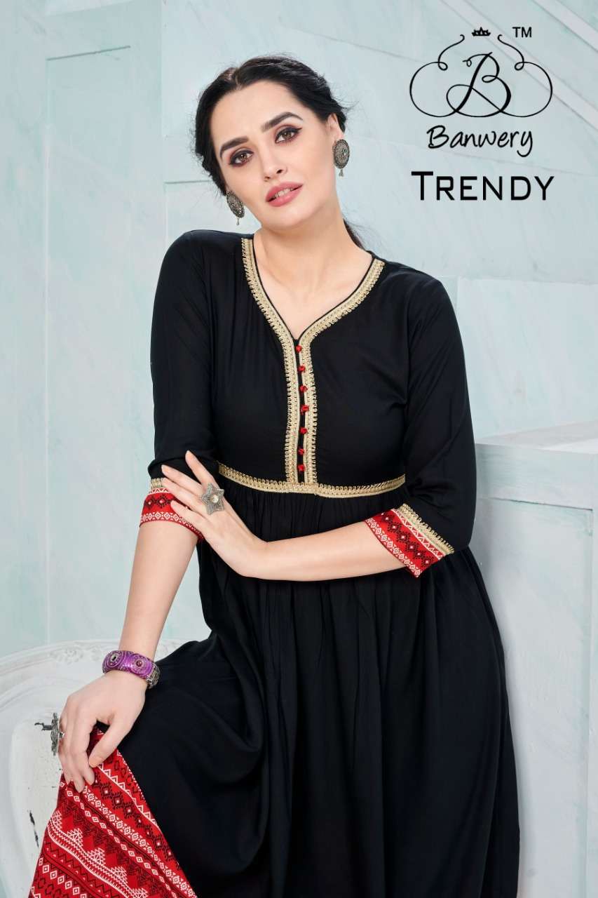 BANWERY TRENDY 1001 TO 1004  STYLESH FLAIR GOTTA PATI BORDER KURTI WHOLESALER 