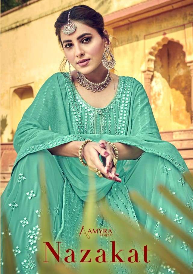 AMYRA DESIGNER LAUNCHED NAZAKAT HEAVY PARTY WEAR GEORGETTE SALWER SUITS WHOLESALE RATE