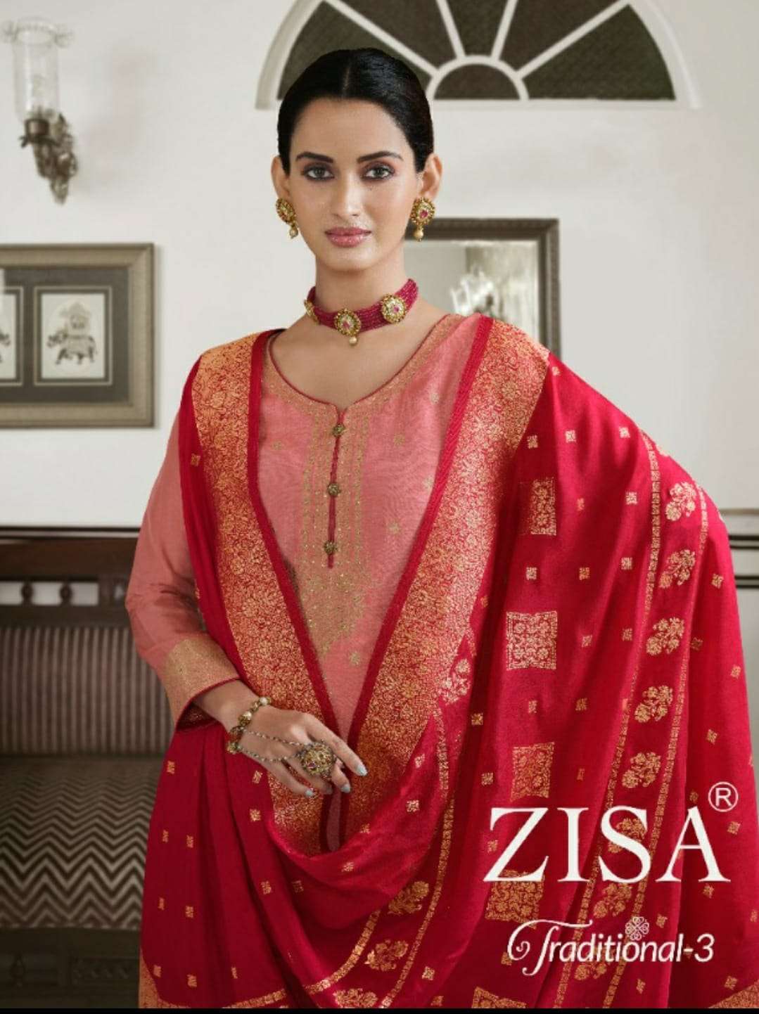 ZISA TRADITIONAL VOL 3 PURE DOLA JAEQUARD DAIMOND WORK PARTY WEAR SUIT WHOLESALER IN SURAT MARKET 