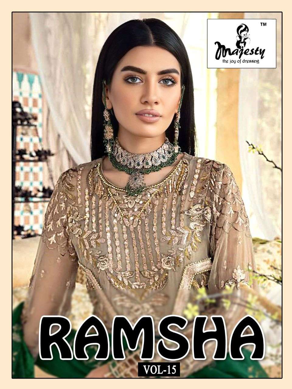 MAJESTY RAMSHA VOL 15 FAUX GEORGETTE EMBRODERY WORK PAKISTANI SALWAR KAMEEZ SUPPLIER IN SURAT 