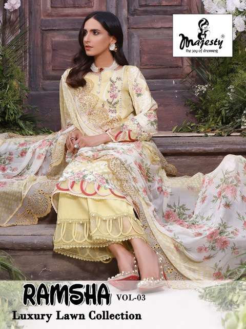 MAJESTY RAMSHA VOL 3 PURE COTTON DIGITAL PRINT WITH HEAVY EMBRODERY WORK PAKISTANI SALWAR KAMEEZ 