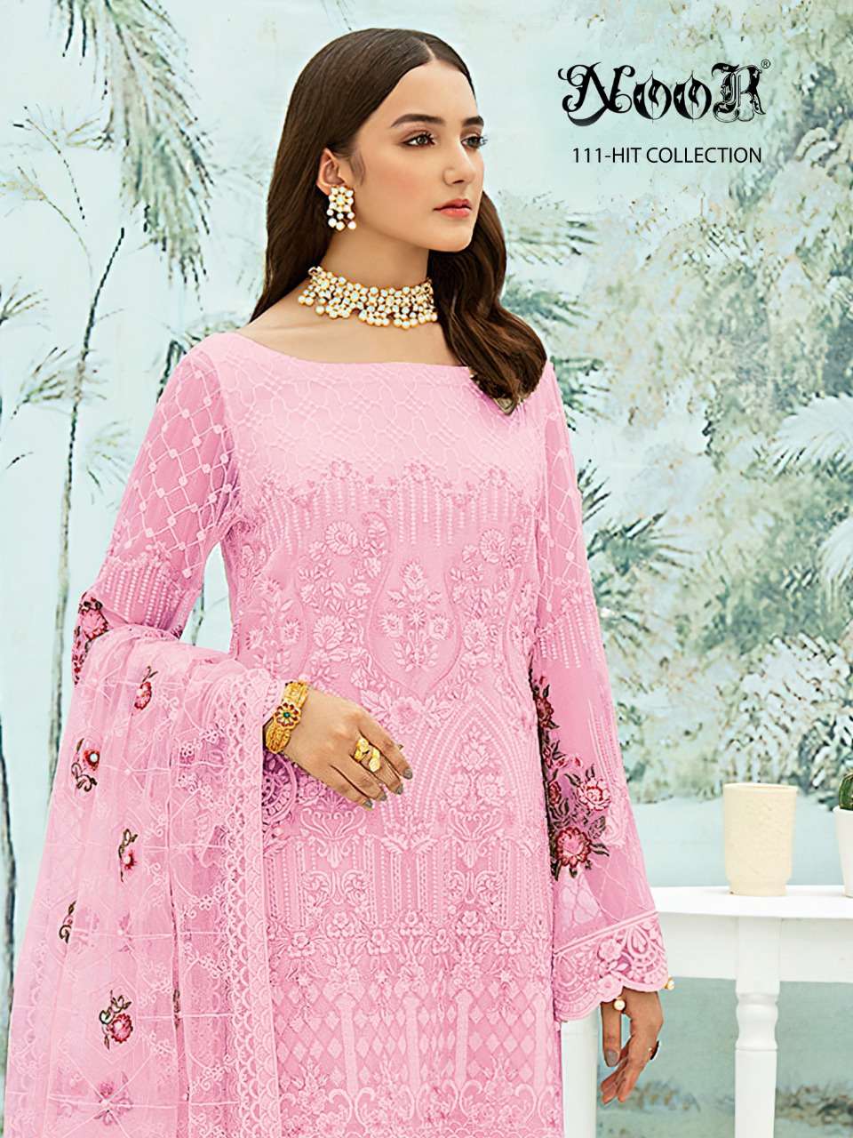 NOOR 111 HIT COLLECTION FAUX GEORGETTE EMBRODERY WORK WITH MOTI WORK DESIGNER PAKISTANI SUIT WHOLESALE CATALOGUE 