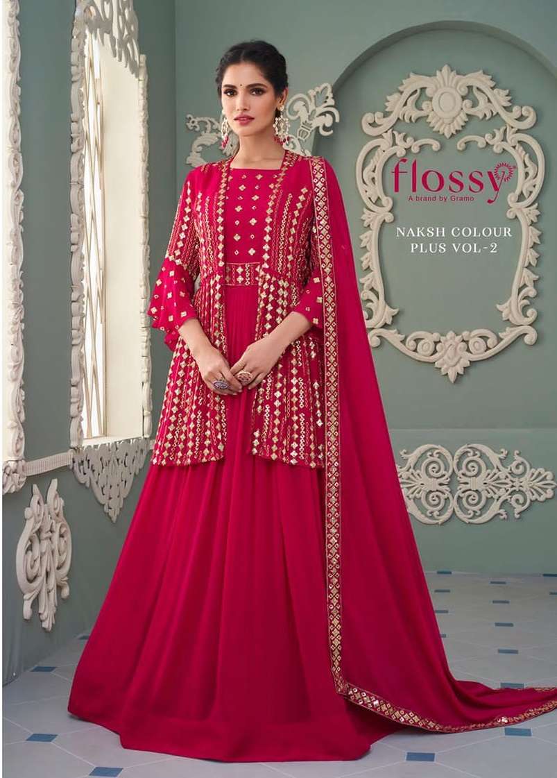 FLOSSY NAKSH COLOUR PLUS VOL 2 REAL GEORGETTE EMBROIDERY WORK DESIGNER PARTY WEAR LATEST SUIT 