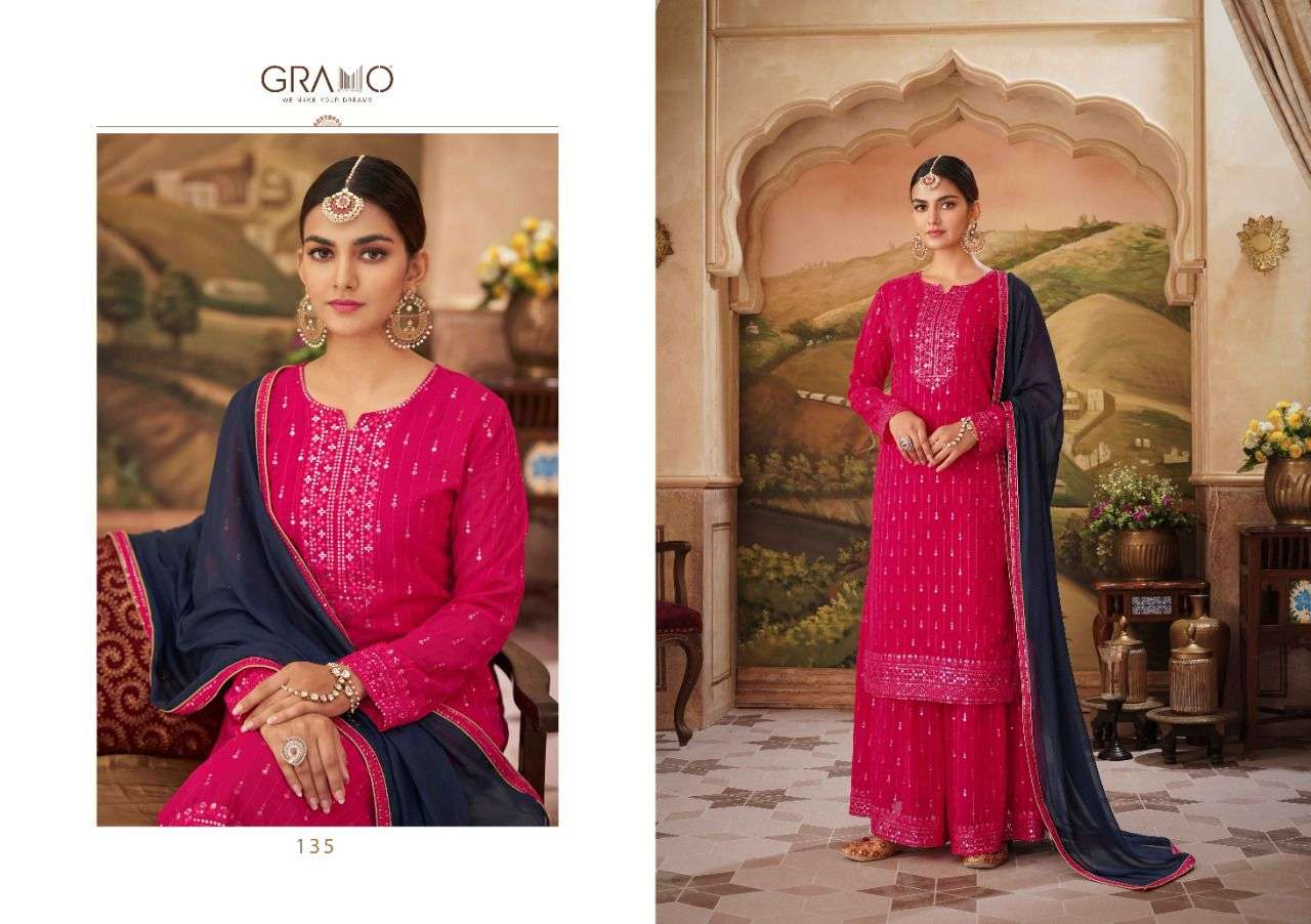 GRAMO NAVABI VOL 5 FAUX GEORGETTE EMBRODERY WORK DESIGNER LATEST PARTY WEAR SUIT 