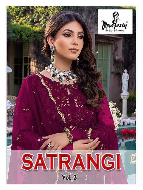 MAJESTY SATRANGI VOL 3 FAUX GEOREGTTE EMBRODERY WORK DESIGNER PAKISTANI SUIT WHOLESALER IN SURAT 