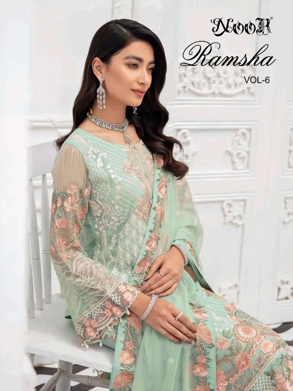 NOOR RAMSHA VOL 6 FAUX GEORGETTE HEAVY EMBRODERY PARTY WEAR LATEST PAKISTANI SUIT 
