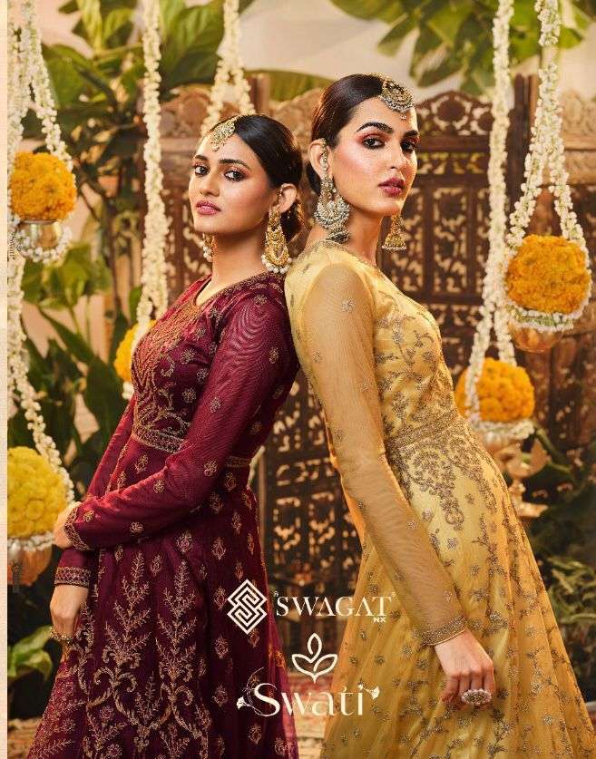 SWAGAT SWATI 3201 TO 3207 SERIES BUTTERFLY NET EMBRODERY WORK DESIGNER GOWN AVAILABLE AT WHOLESALE RATE 