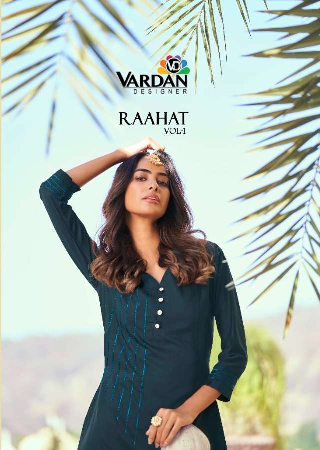 VARDAN DESIGNER RAAHAT VOL 1 ROMAN SILK EMBRODERY WORK KURTI MANUFACTURER IN SURAT