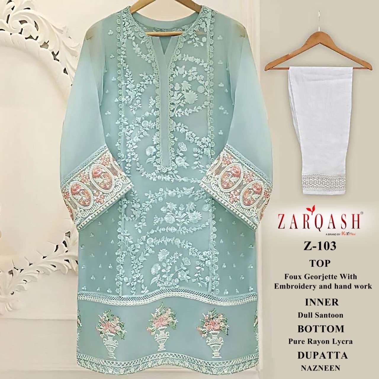 ZARQASH Z 103 FAUX GEORGETTE EMBRODERY WITH HANDWORK PAKISTANI READY MADE KURTI MANUFACTURER 