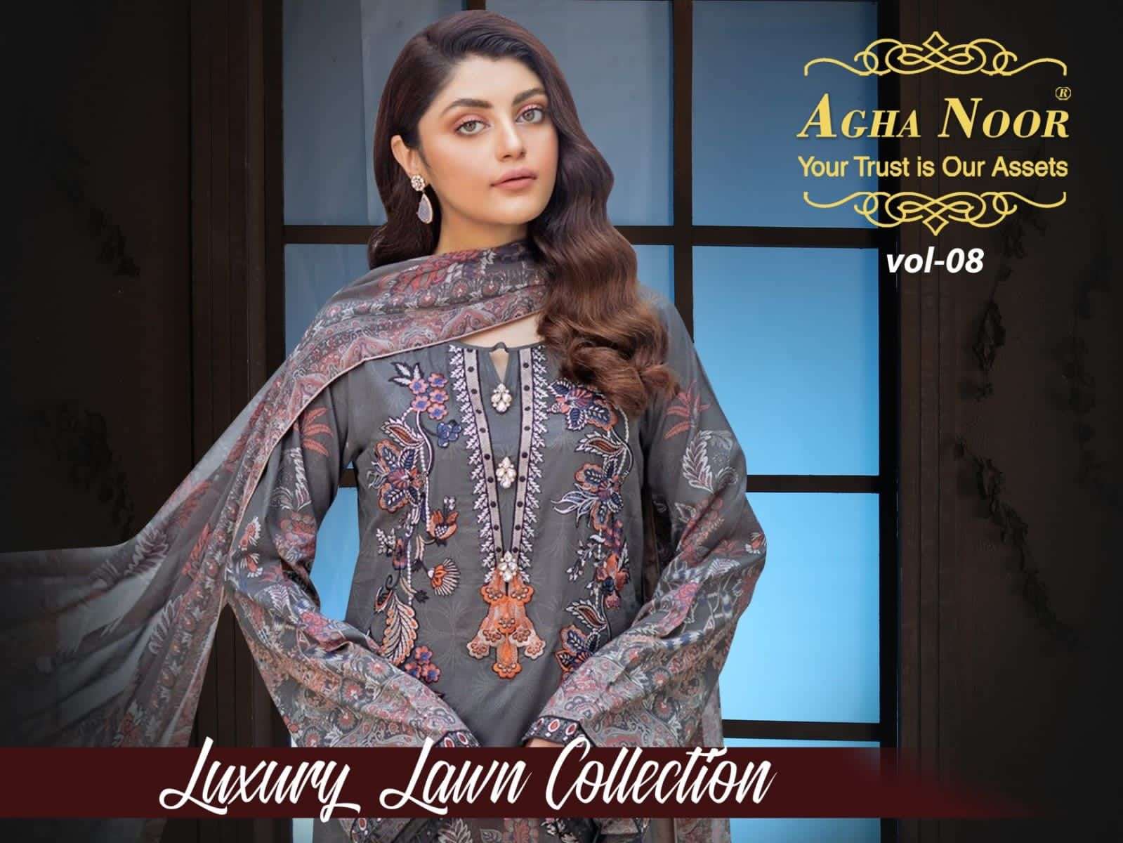 AGHA NOOR VOL 8 LUXURY LAWN COLLECTION PAKISTANI KARACHI COTTON DRESS SUPPLIER 
