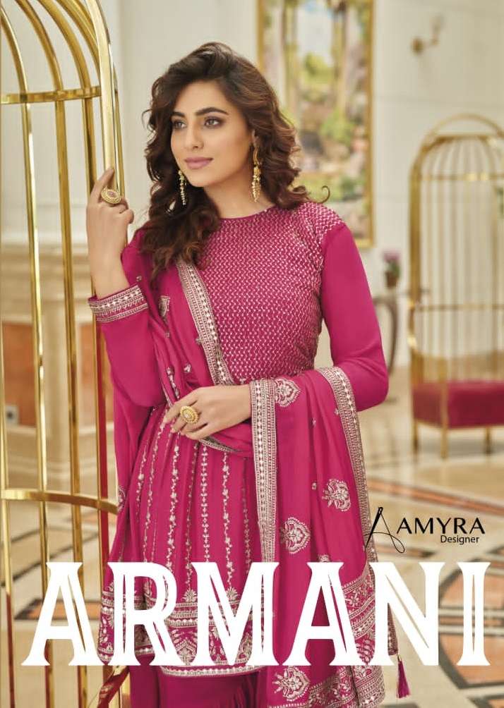 AMYRA DESIGNER ARMANI HEAVY CHINON EMBRODERY WORK PARTY WEAR SUIT SUPPLIER IN SURAT