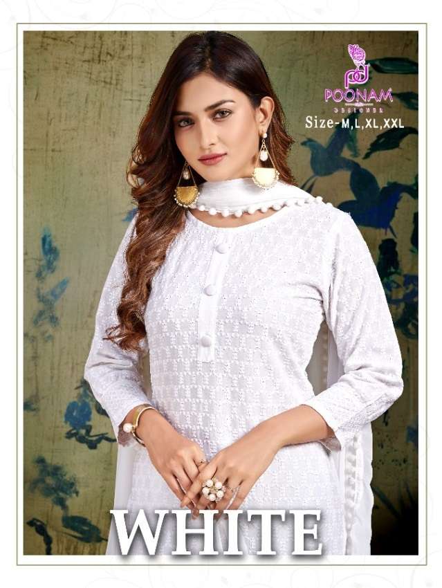 POONAM DESIGNER WHITE RAYON KURTI PANT WITH DUPATTA LATEST CATALOGUE 2022