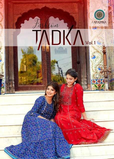 ARADHNA FASHION TADKA VOL 1 RAYON PRINT WITH EMBRODERY WORK DESIGNER KURTI SUPPLIER IN INDIA
