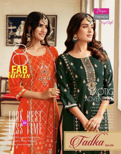 DIYA TRENDS TADKA VOL 4 4001 TO 4008 SERIES RAYON FOIL PRINT KURTI WITH SHARARA BY KAJAL STYLE 