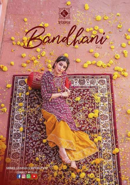 KIANA BANDHANI VOL 5 501 TO 507 SERIES  RAYON BANDHEJ KURTI WITH PANT LATEST CATALOGUE 2023