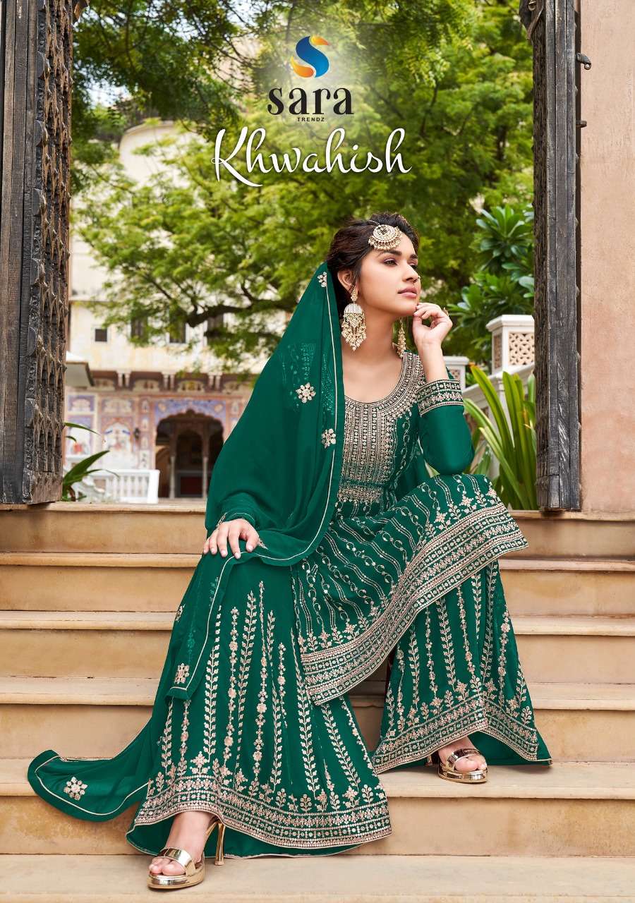 SARA TRENDZ KHWAHISH DESIGNER HEAVY EMBRODERY WORK WITH HANDWORK SEMI STITCHED PARTY WEAR SUIT 