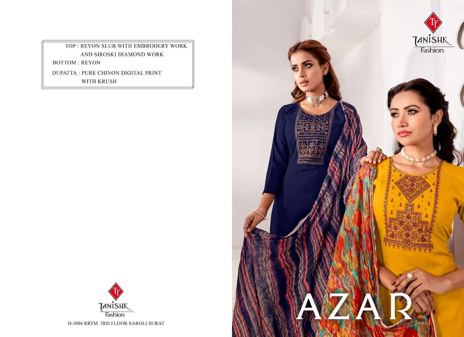 Tanishk Fashion Azar Rayon With Embroidery & Swarovski Diamond Work Suits  Wholesaler Surat