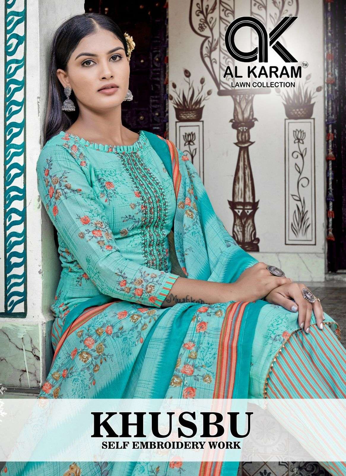 AL KARAM KHUSBU SELF EMBROIDERY LAWN PAKISTANI KARACHI SUIT BEST RATE SURAT 