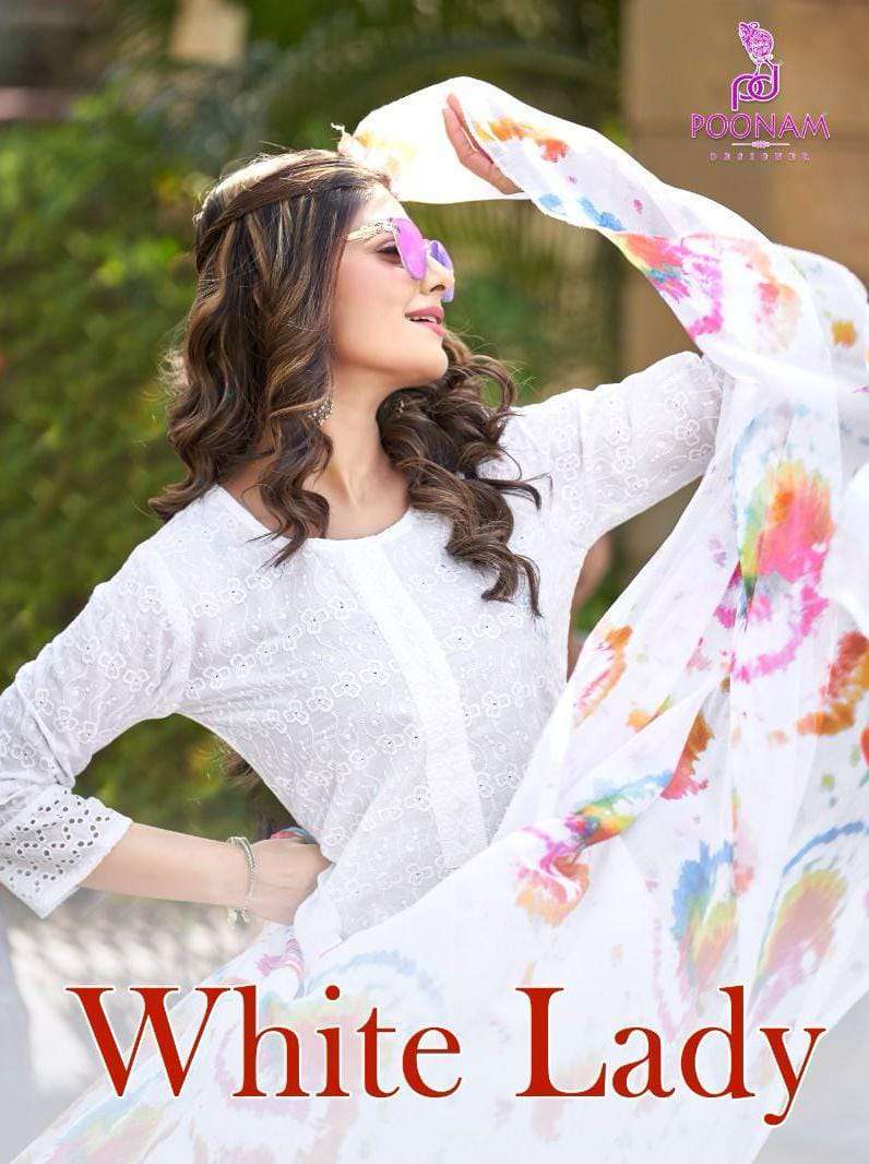 POONAM DESIGNER WHITE LADY HEAVY CHIKAN WORK READYMADE SUIT SUPPLIER 