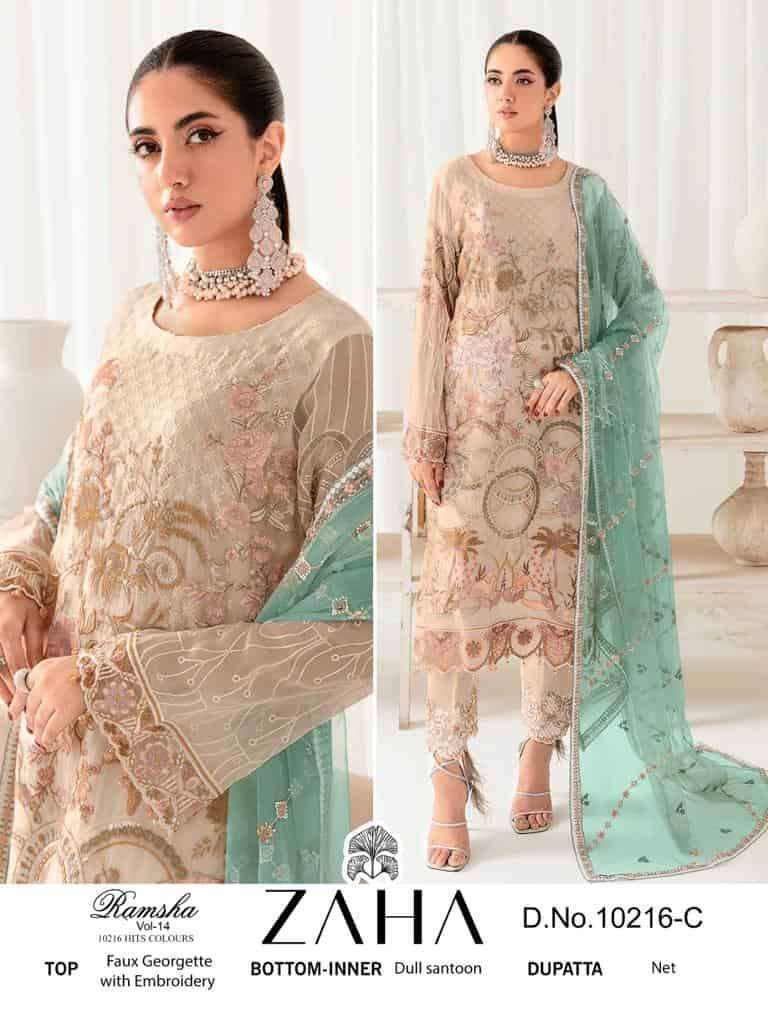 ZAHA RAMSHA VOL 14 10216 COLORS HEAVY GEORGETTE EMBRODERY WORK PARTY WEAR PAKISTANI SUIT WHOLESALE CATALOGUE