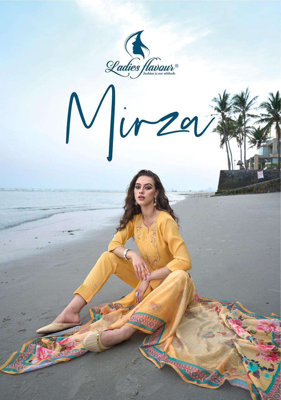 LADIES FLAVOUR MIRZA PURE CHANDERI READYMADE 3 PIECE SUIT COLLECTION WHOLERATE SUPPLIER SURAT 