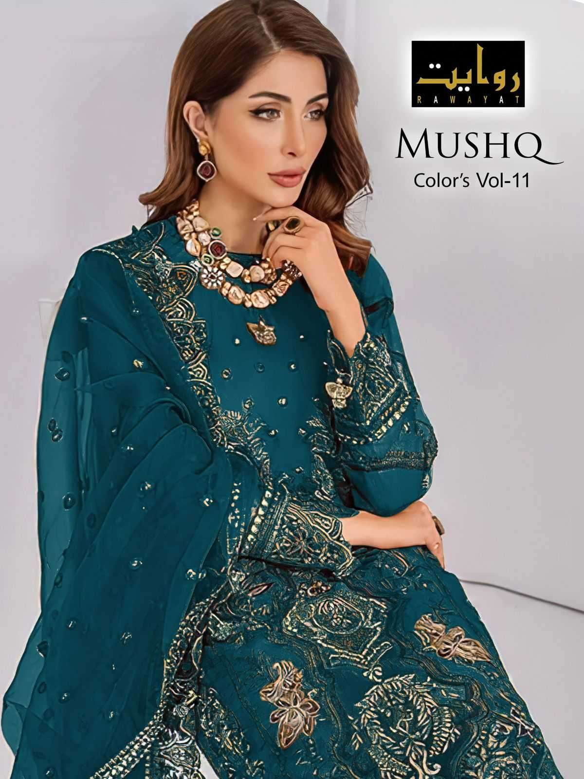 RAWAYAT MUSHQ COLORS VOL 11 PAKISTANI GEORGETTE SUIT COLLECTION BEST RATE SUPPLIER 