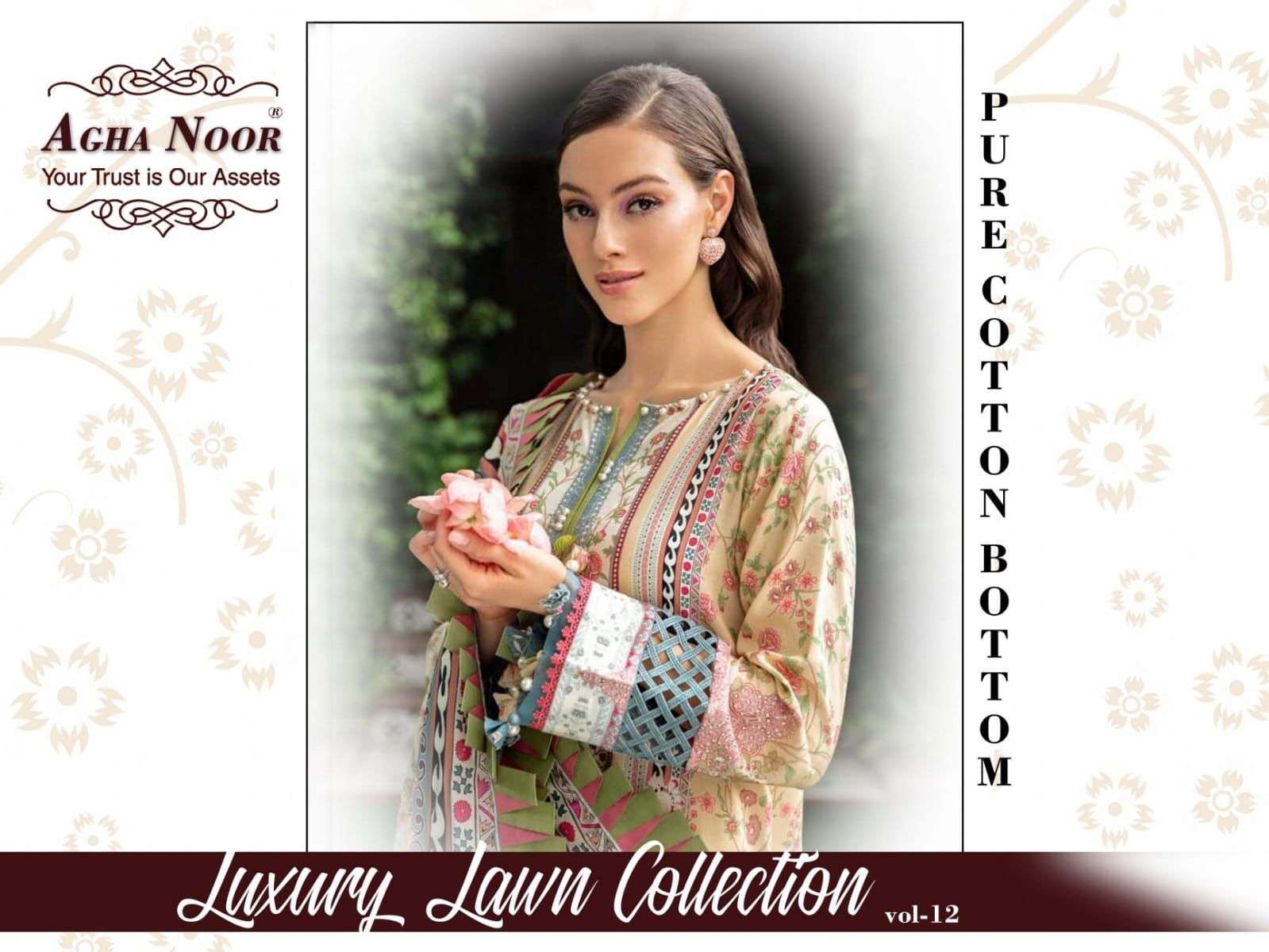 AGHA NOOR VOL 12 LUXURY LAWN COTTON DRESS MATERIAL CATALOG DEALER IN SURAT 2024