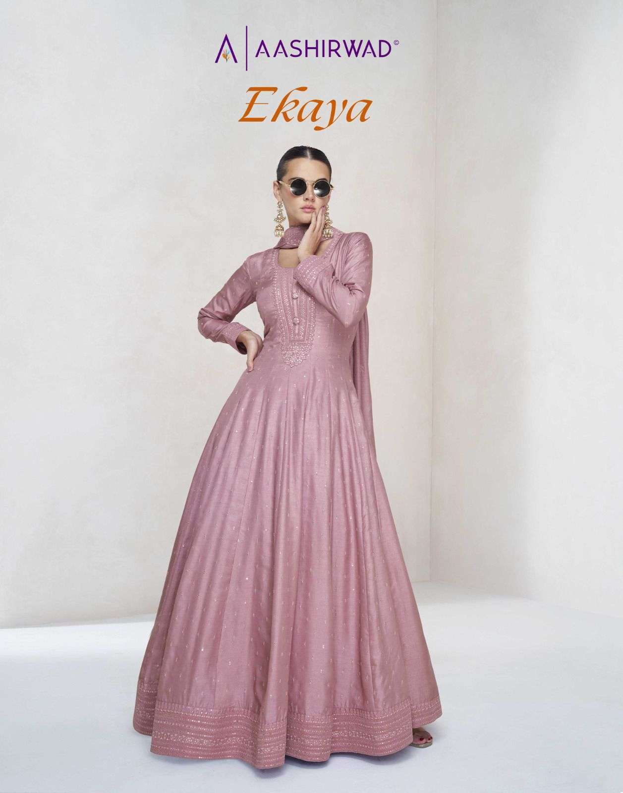 AASHIRWAD EKAYA 10011 TO 10015 DESIGNER SILK PARTYWEAR LONG GOWN SUPPLIER BEST RATE 