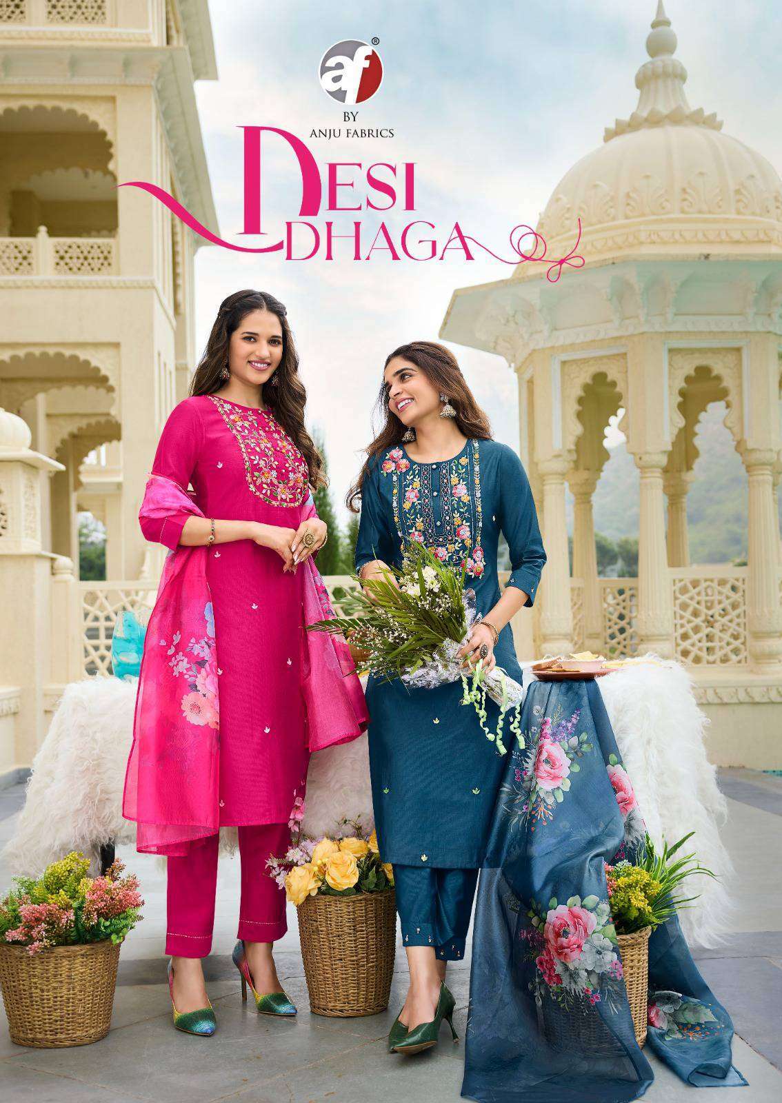 AF STOCK OUT DESI DHAGA BY ANJU FABRICS KURTI PANT WITH DUPPTA SET COLLECTION WHOLESALER 2024