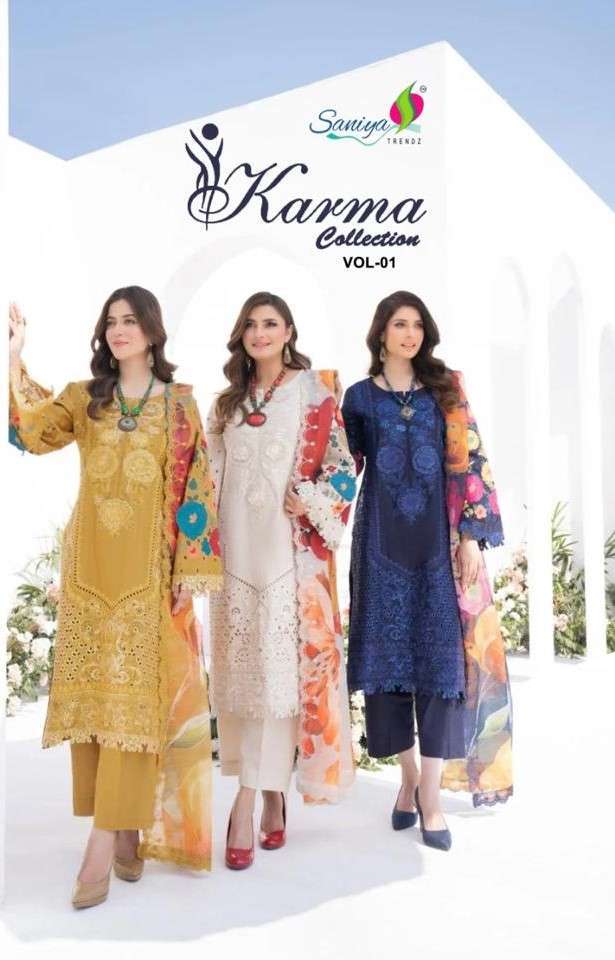 SANIYA TRENDZ KARMA VOL 1 CHIKAN WORK COTTON SUIT WHOLESALER 2024