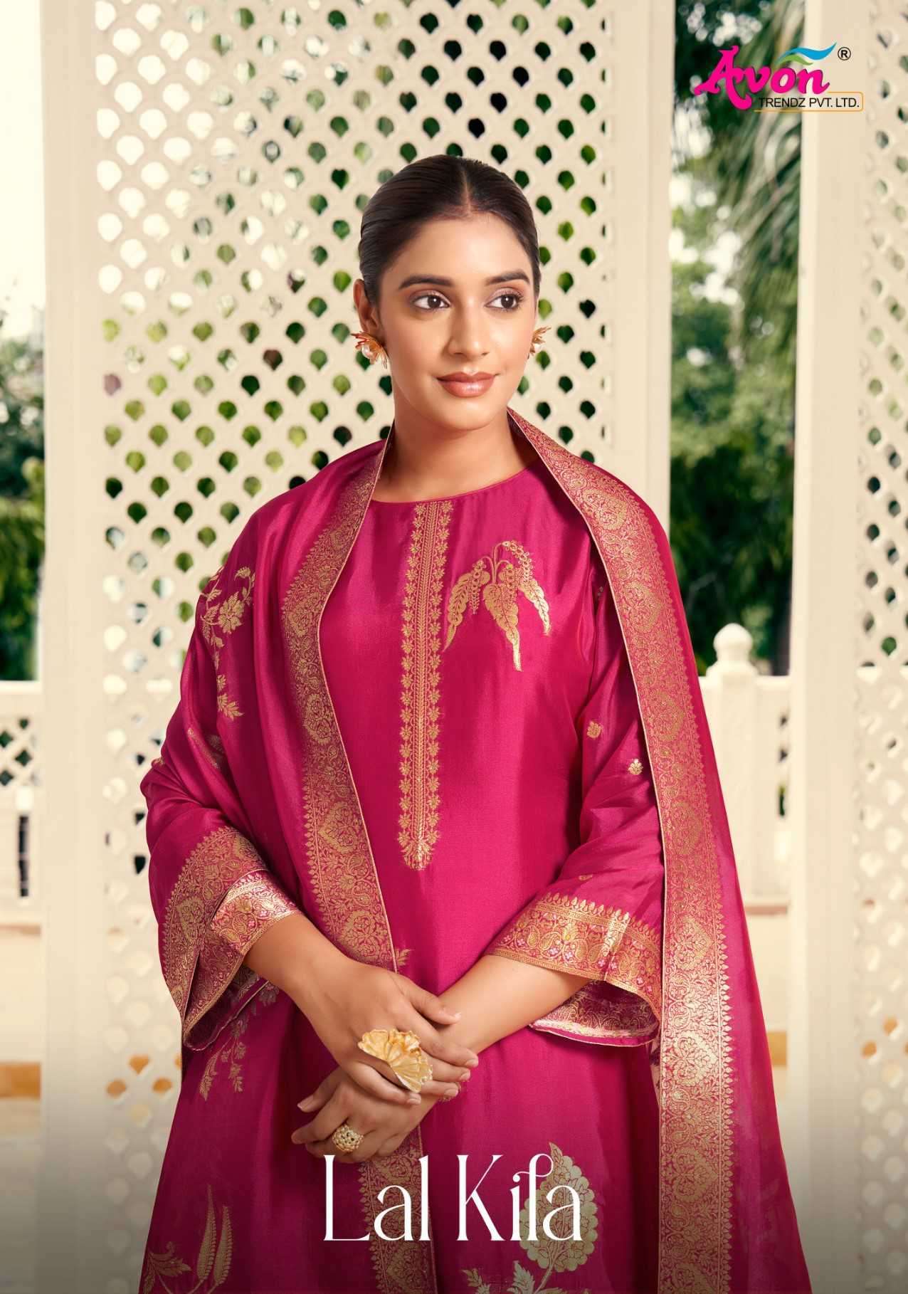 AVON TRENDZ LAL KILA FANCY JACQUARD SILK SUIT CATALOG WHOLESALER 2024