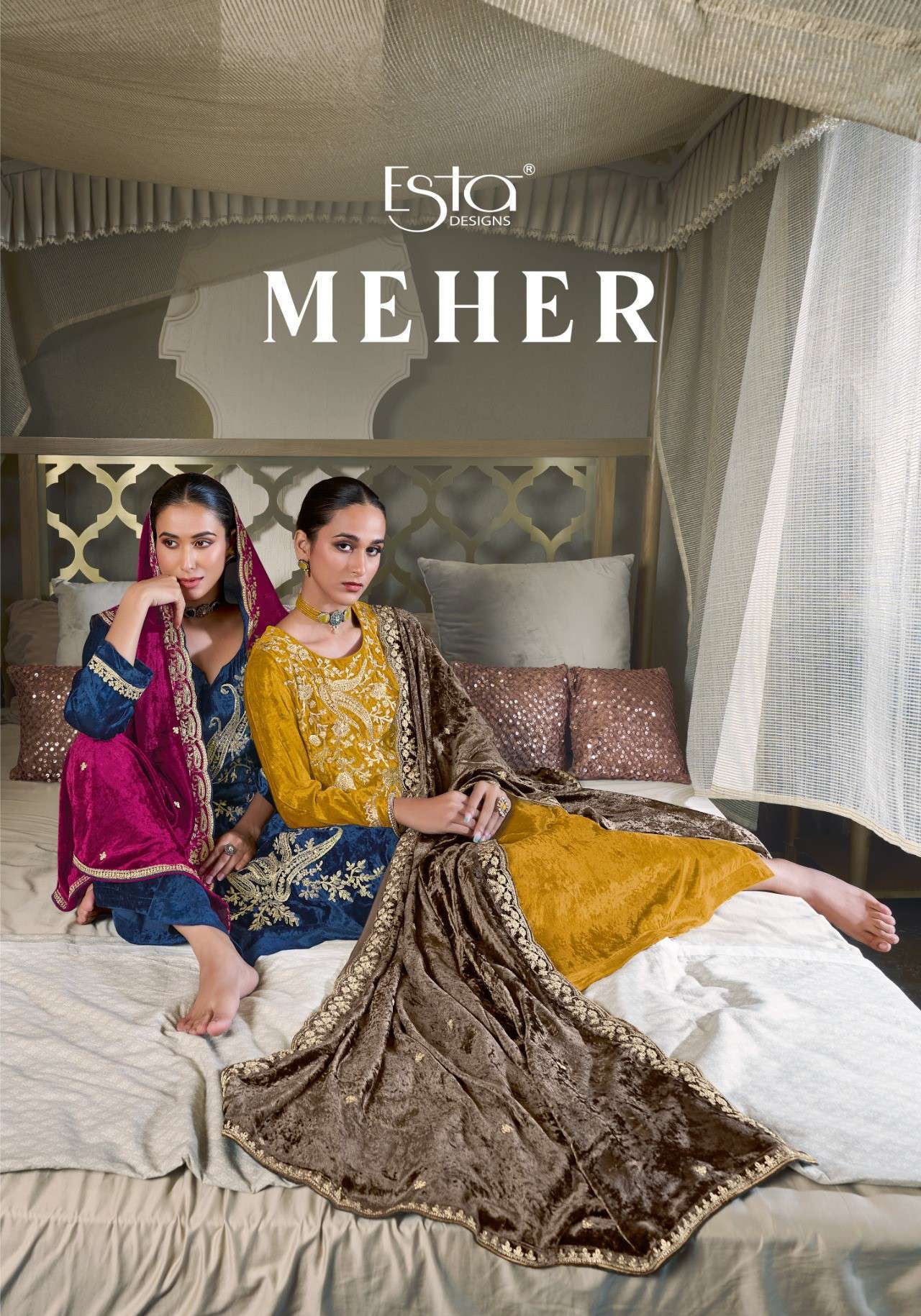 ESTA MEHER PURE SILK VELVET DESIGNER SUIT CATALOGUE DEALER 