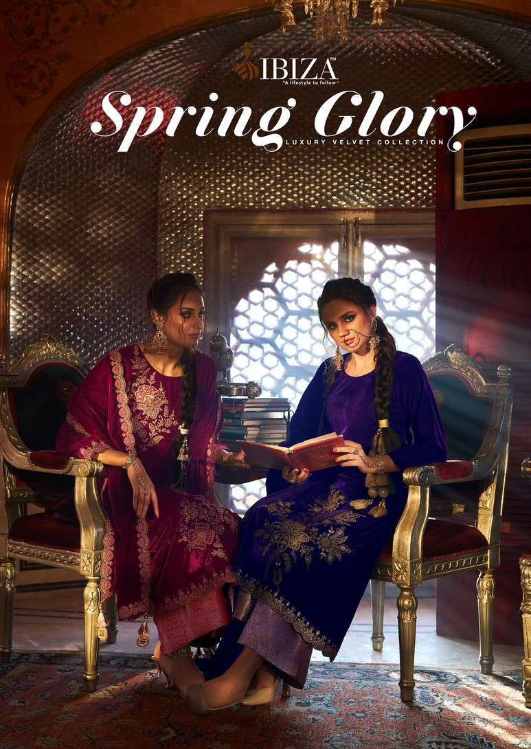 IBIZA SPRING GLOSY DESIGNER WORK VELVET SUIT COLLECTION WHOLESALER IN SURAT 2024