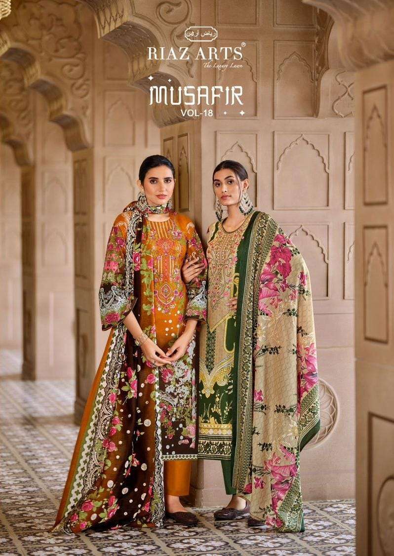 RIAZ ARTS MUSAFIR VOL 18 KARACHI LAWN COTTON PAKISTANI SUIT COLLECTION WHOLESALE PRICE