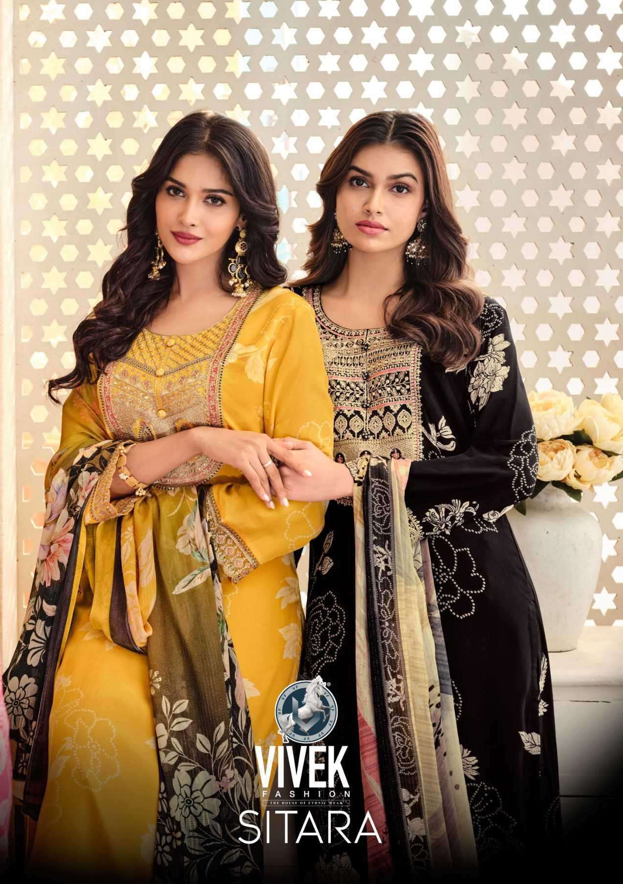 VIVEK FASHION SITARA EXCLUSIVE FANCY CRAPE SUIT LATEST CATALOG WHOLESALER 2024