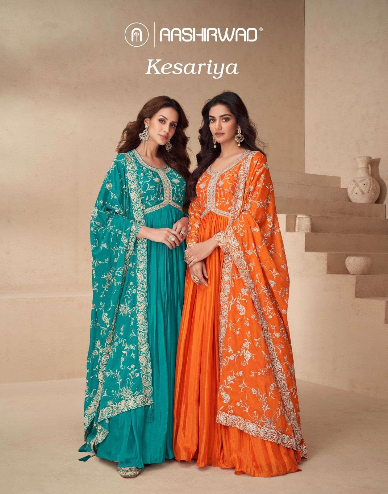 AASHIRWAD KESARIYA 10140 TO 10143 DESIGNER SILK INDO WESTERN GOWN WHOLESALER 2024