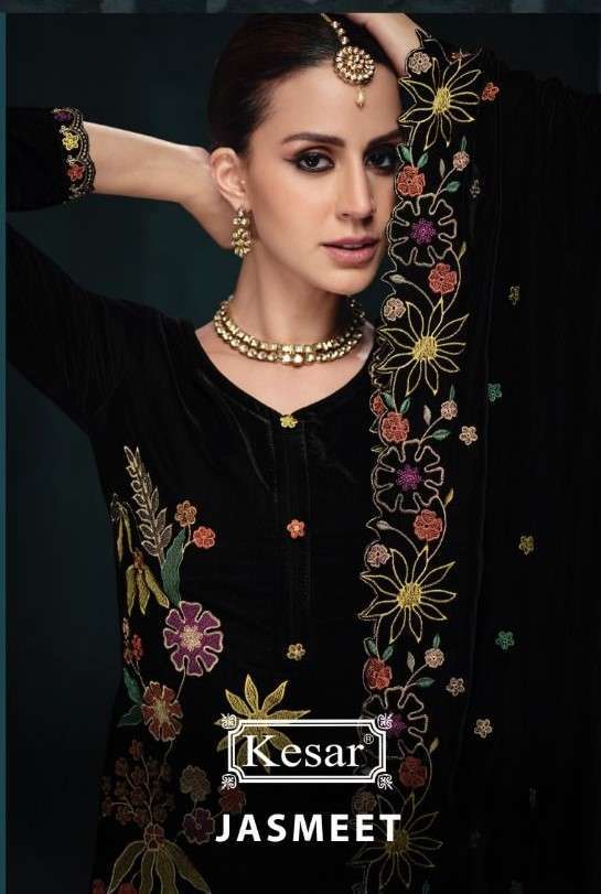 KARACHI PRINTS KESAR JASMEET DESIGNER WORK VELVET DRESS SUPPLIER IN SURAT 2024