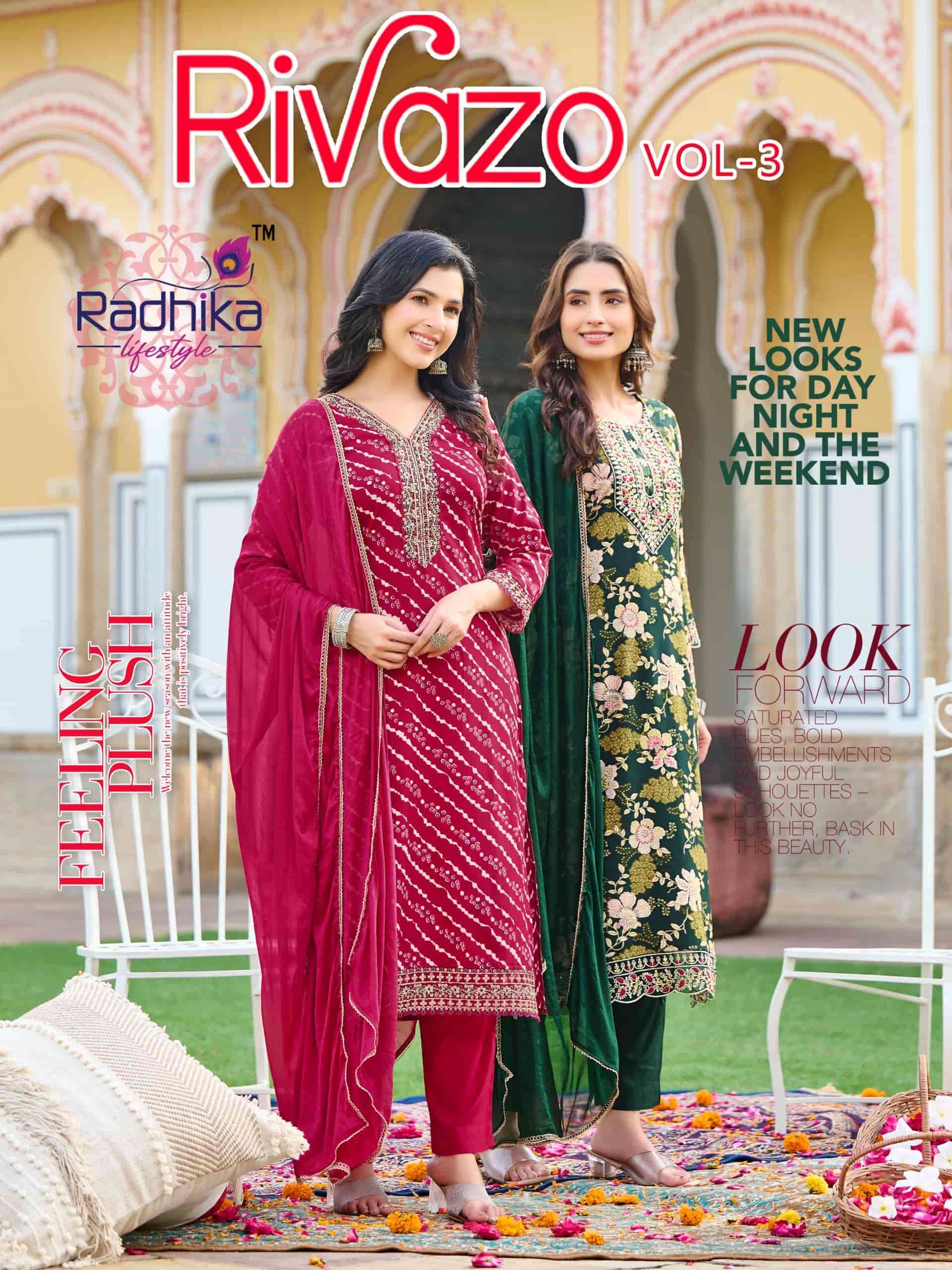 RADHIKA LIFESTYLE RIVAZO VOL 3 FESTIVE WEAR 3 PIECE CATALOG WHOLESALE RATE SURAT 2024