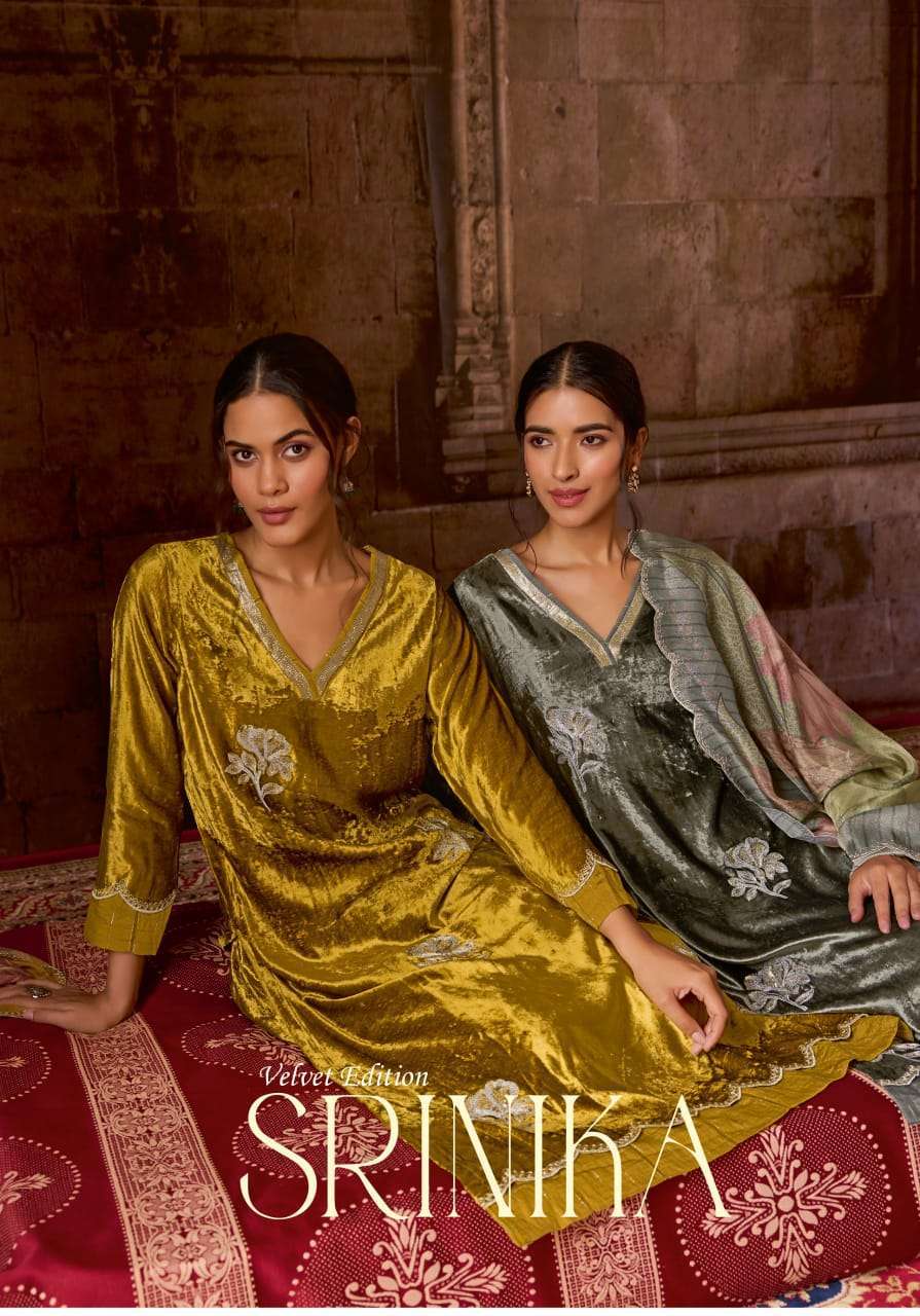 SAHIBA SRINIKA PARTYWEAR VELVET DESIGNER SUIT LATEST CATALOGUE DEALER 2024