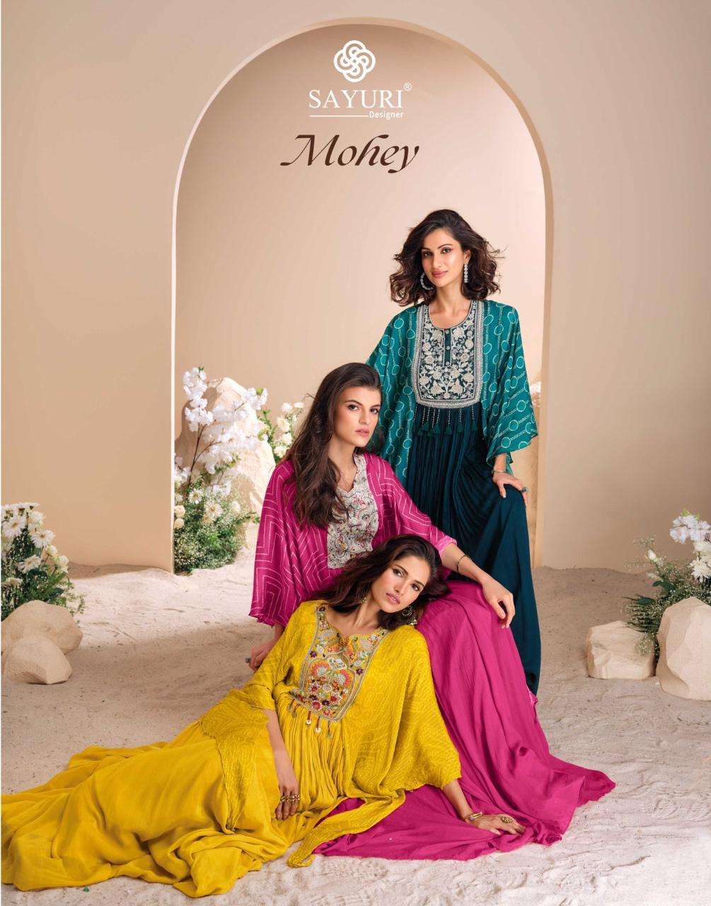 SAYURI MOHEY 5690 TO 5692 DESIGNER LADIES GOWN INDO WESTERN WHOLESALER 