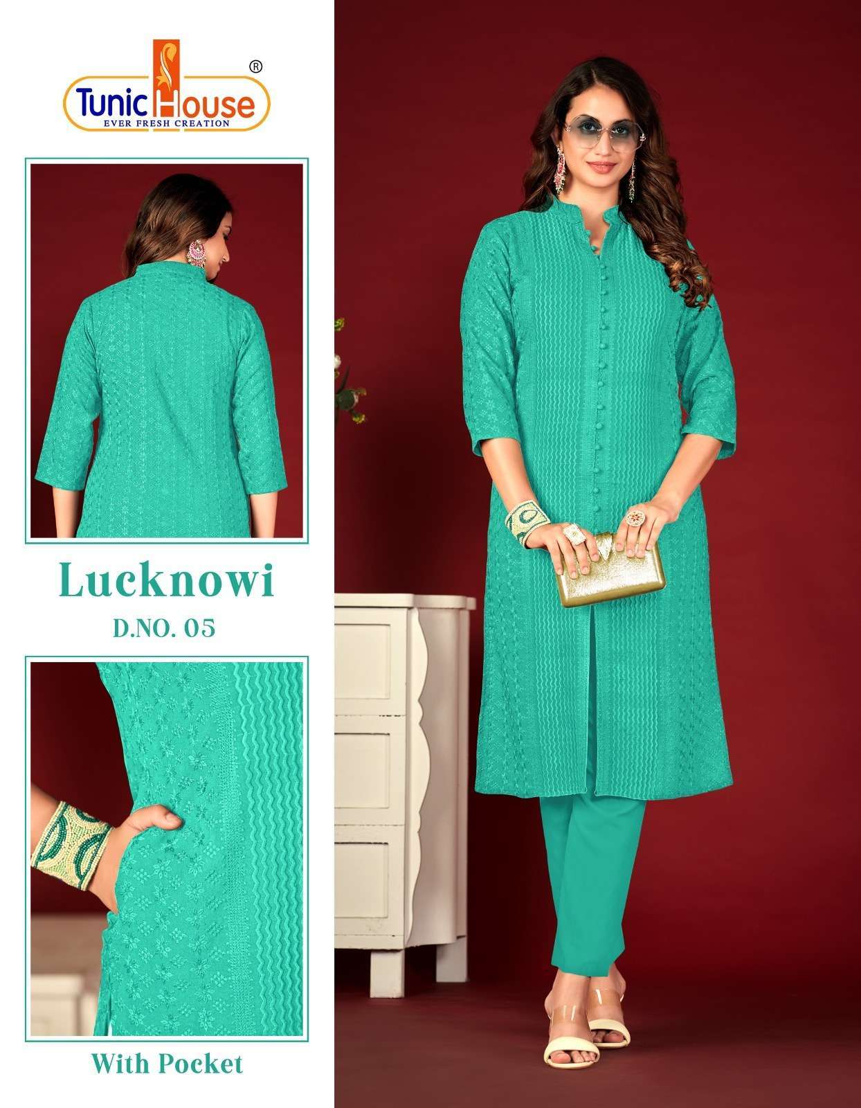 TUNIC HOUSE LUCKNOWI NEW COLORS HEVAY CHIKANKARI KURTI PANT DESIGN COLLECTION WHOLESALER 