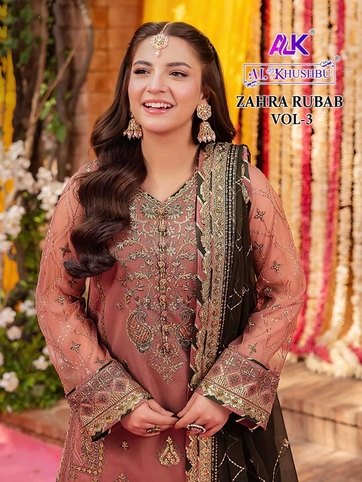 AL KHUSHBU ZAHRA RUBAB VOL 3 PARTYWEAR GEORGETTE SUIT COLLECTION WHOLESALE PRICE DEALER 