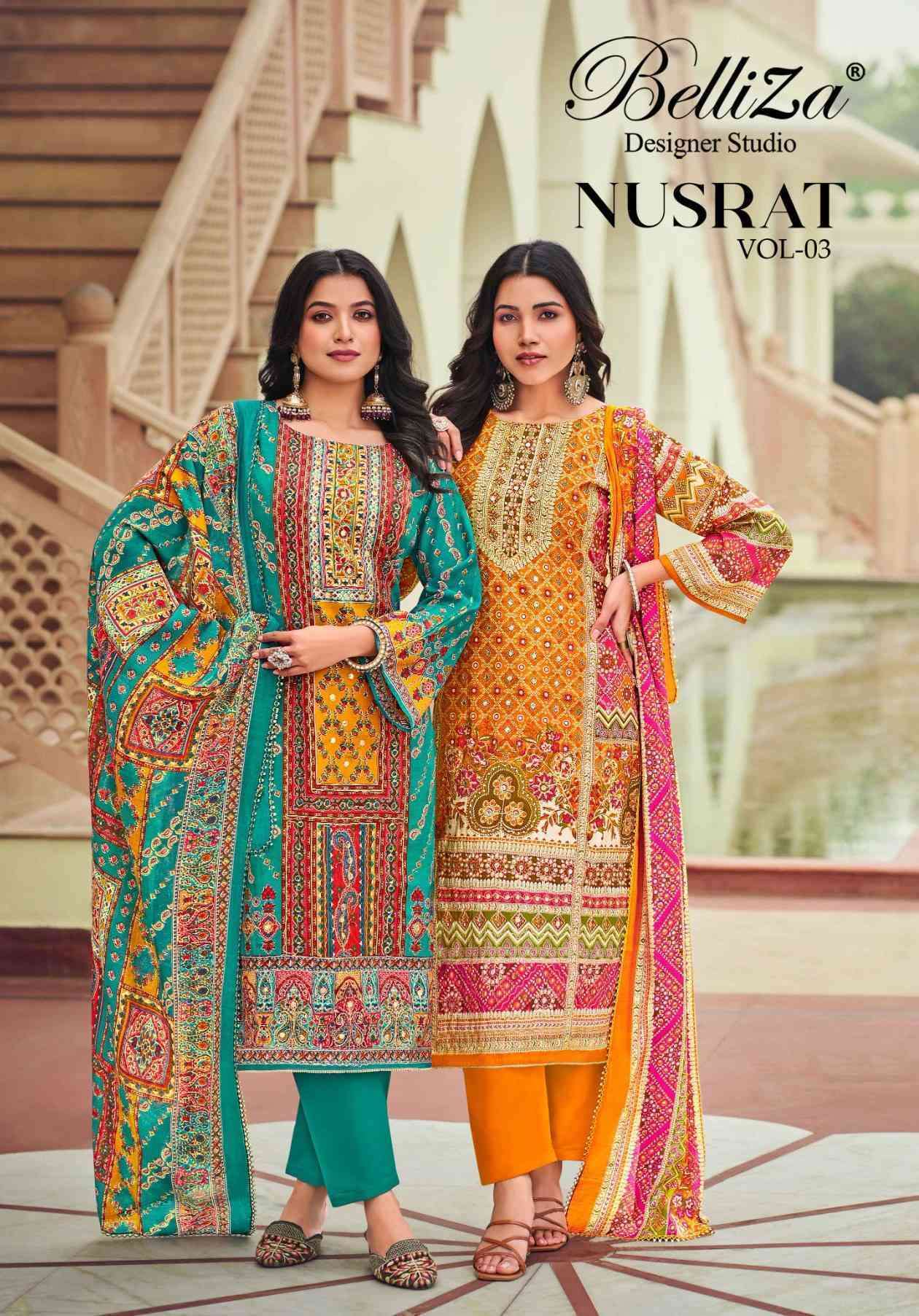 BELLIZA DESIGNER NUSRAT VOL 3 VISCOSE MUSLIN FANCY LADIES SALWER SUIT COLLECTION BEST RATE 2025