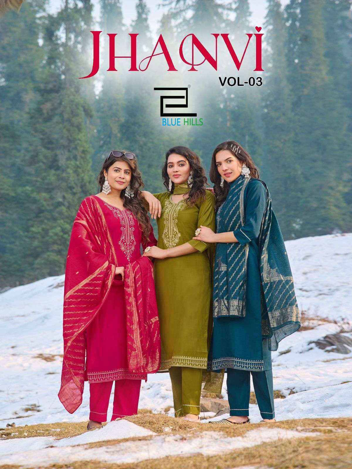 BLUS HILLS JHANVI VOL 3 ROMAN SILK DESIGNER THREE PCS KURTI WHOLESALER 2025