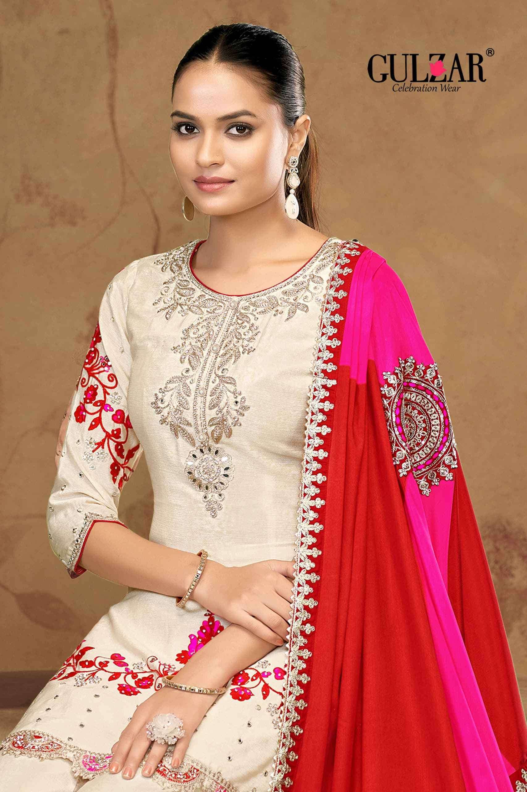 GULZAR HAZARIPHOOL FIBER CHINON DESIGNER PARTY WEAR SHARARA SUIT WHOLESALER 2025