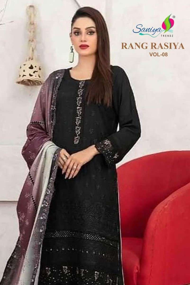 SANIYA TRENDZ RANG RASIYA VOL 8 HEAVY EMBROIDERY COTTON SUIT WHOLESALER 2025