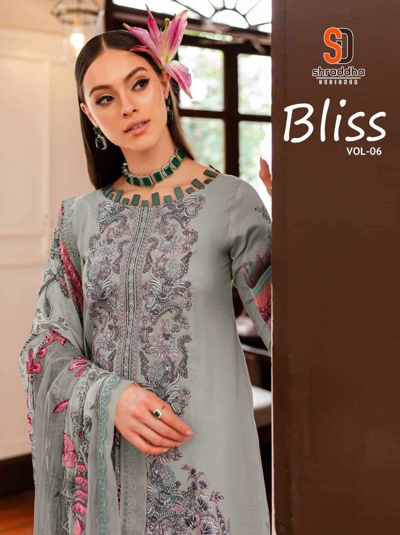 SHRADDHA DESIGNER BLISS VOL 6 LAWN COTTON PRINT WITH EMBRODERY PATCH WORK PAKISTANI SUIT WHOLESALER IN SURAT 