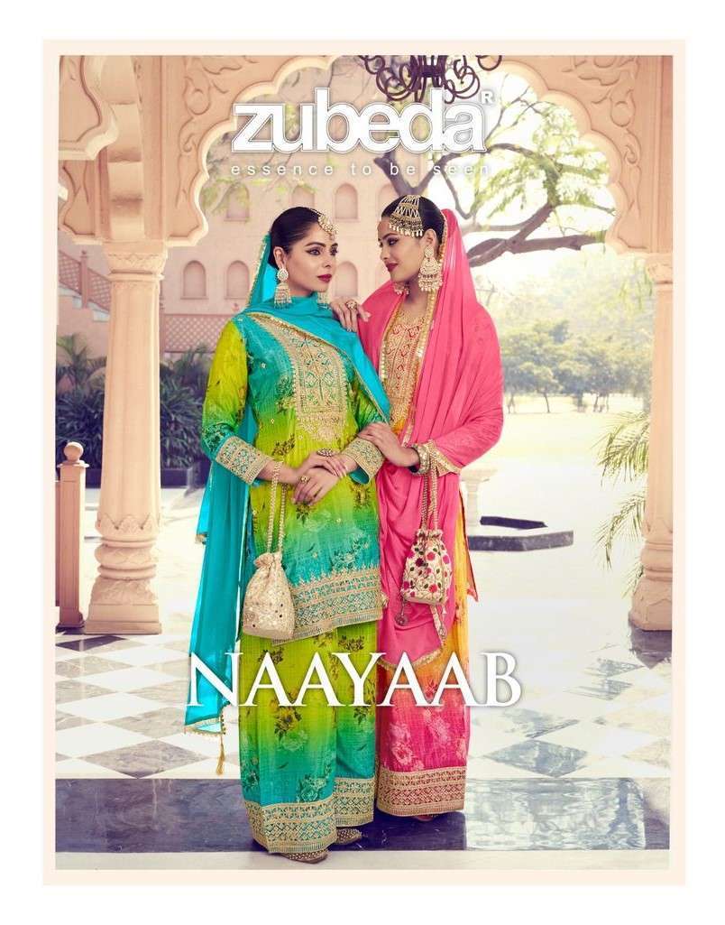 ZUBEDA DESIGNER NAAYAAB CHINON SILK PARTY WEAR PALAZZO SUIT EXPORTER 2025